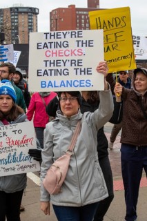 Detroit, Michigan USA - 5 April 2025 - A 'Hands Off' demonstration protests the Trump