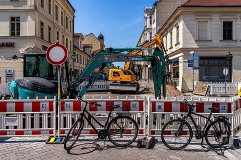 Roadworks in Brandenburger Straße, shopping street in Potsdam, Brandenburg, Germany