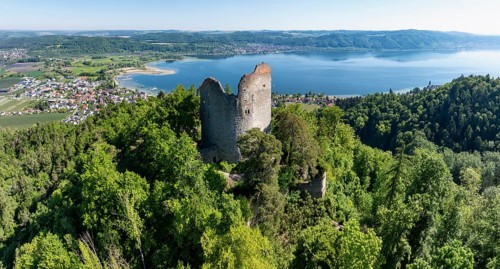 Aerial view, panorama of Lake Constance with the ruins of Altbodman, Bodman-Ludwigshafen, district