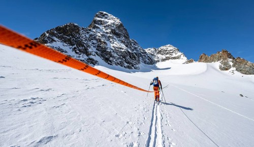 Ski tourer with rope, rope team on the Vadret da Porchabella glacier on the ascent to the summit of