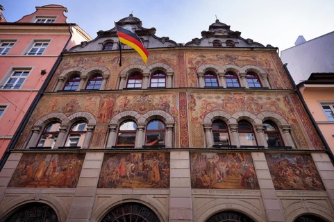 Wall paintings on the exterior façade, German flag, town hall, Constance, Baden-Württemberg,