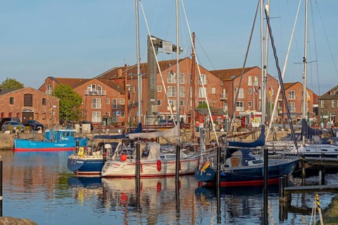 Boats, houses, harbour, Orth, Fehmarn, Schleswig-Holstein, Germany