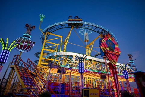Rollercoaster Wild Mouse, rides, neon lights, Cannstatter Wasen, blue hour, funfair, spring