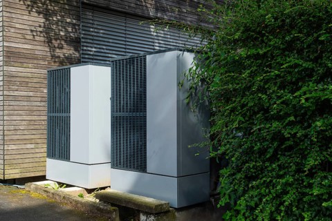 Two heat pumps in front of a house in Düsseldorf, Germany