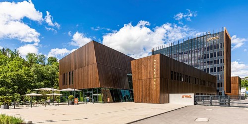 Exterior view of Stihl brand world, museum with café, Stihl AG, Waiblingen, Baden-Württemberg,