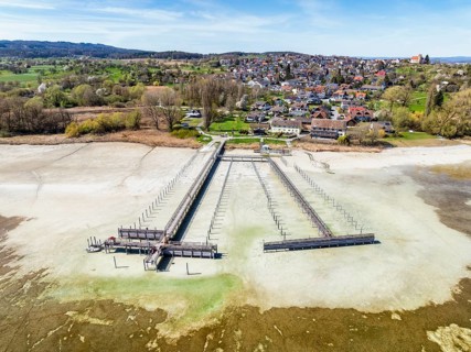 Aerial view of the Höri peninsula with the Lake Constance community of Horn at low tide and the