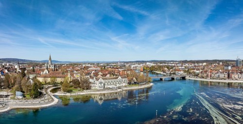 Aerial view, panorama of Lake Constance with the Seerhein, also Rhine funnel and the old town of