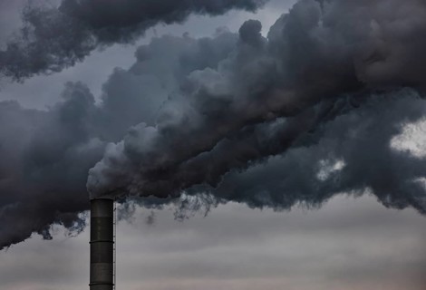 Pollution, industry, smoke pouring out of a factory chimney, Lenzing, Upper Austria, Austria