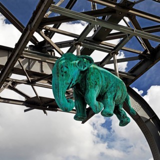 Elephant sculpture on an arch of the Wuppertal suspension railway, artist Jörg Mazur, LVR