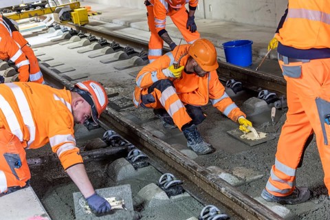 Deutsche Bahn AG track construction at Stuttgart Airport. The last few meters of solid road in the