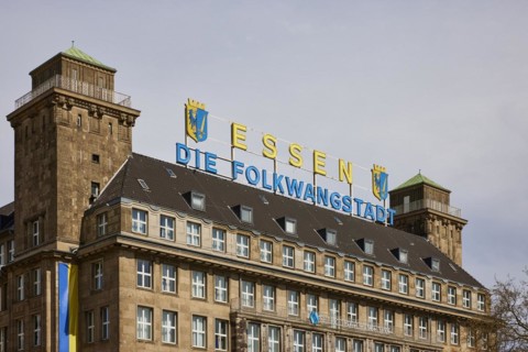 Illuminated sign Essen, The Folkwang City on the roof of the Hotel Handelshof in Essen, Ruhr area,