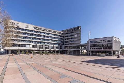 New town hall with market square. City view of Pforzheim, Baden-Württemberg, Germany