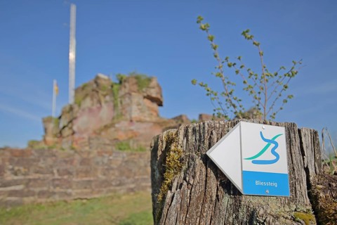 Hiking trail Bliessteig, symbol, sign, signpost, signpost, hiking, hiking, tree stump, rock, depth