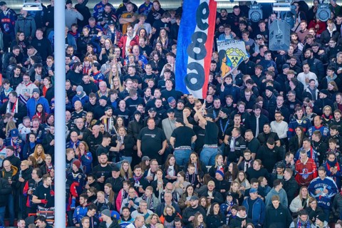 Cheering spectators in a stadium with flags held high, Heilbronner Falken Vs Bietigheimer Steelers,