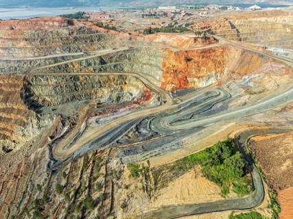 Aerial view of Corta Atalaya open pit mine, copper mine, Rio Tinto, Minas de Rio Tinto, Andalusia,