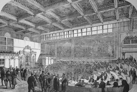 The Parliament in Florence in the Hall of the Five Hundred, Sala dei Cinquecento, in the Palazzo