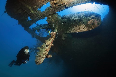 Diver looking at ship's propeller, propeller backlit by the sun, fouling with spiny oyster