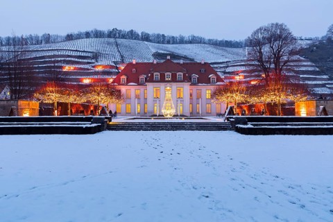 Wackerbarth's winter magic, castle and vineyards with Christmas lights and snow, Radebeul, Saxony,