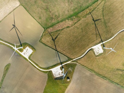 Windmills on a wind farm near Zahara de los Atunes, aerial view, drone shot, Cádiz province,