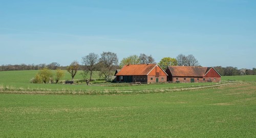Farm at green field and blue sky in springtime in Ystad Municipality, Skåne County, Sweden,