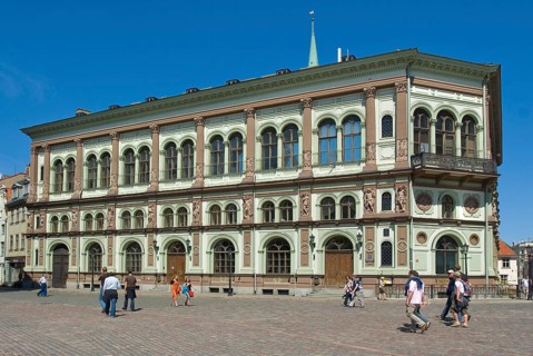 Art Nouveau façade of the stock exchange on Cathedral Square, Old Town of Riga, Latvia