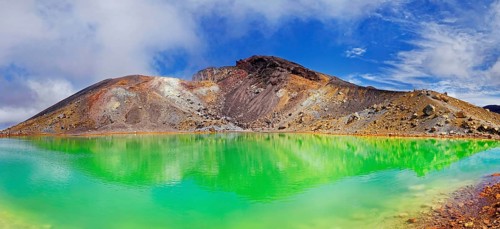 Green sulphurous Emerald Lakes and volcanio Mt Tongariro, Tongariro National Park,