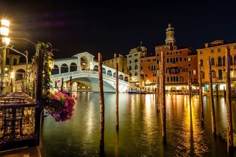 Rialto Bridge, Canal Grande at night, Venice, Veneto, Italy