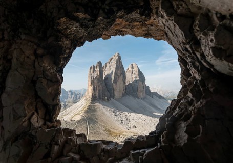 View from war tunnel, via ferrata to the Paternkofel, north walls of the Three Peaks, Sesto