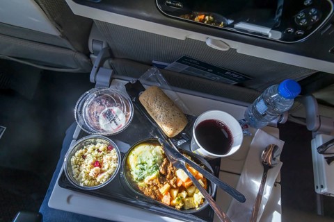 Catering on board an Etihad airline aircraft, interior, cabin. Boeing 787 aircraft, flight from Abu