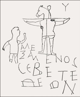 The Alexamenos graffito, Roman graffiti scratched in a wall, ancient Rome, third century
