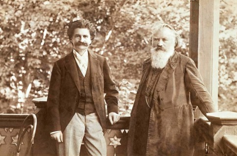 Johann Baptist Strauss II together with Johannes Brahms, 1894, by R._Krziwanek, digitally edited