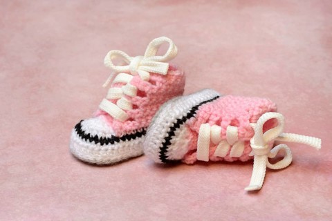 Baby shoes with pink background, handmade