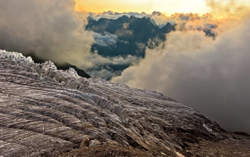 Clouds on the Glacier du Tour glacier, evening light, Chamonix, Savoy, France