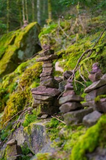 Moss-covered stone towers in a forest that radiate balance and tranquillity, Glaswaldsee, Bad