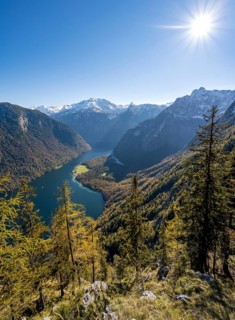 Panoramic view of the Königssee from the Archenkanzel viewpoint, autumnal forest and snow-capped