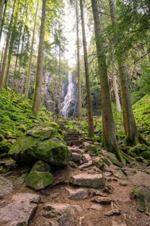 A waterfall in a densely overgrown forest with a stony path, Burgbach waterfall, Bad