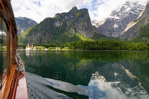 Pilgrimage church St. Bartholomä with Watzmann massif from the excursion boat on the Königssee,