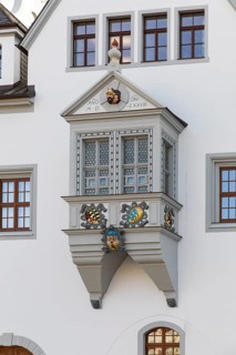 Renaissance oriel at the town hall with gaff head of Kunz von Kaufungen, Freiberg, Saxony, Germany