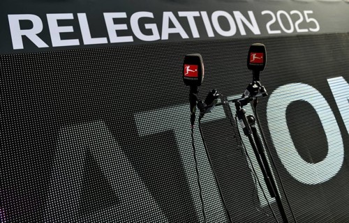 Microphones, microphones, logo, relegation lettering, 2025 Bundesliga, Voith-Arena, Heidenheim,
