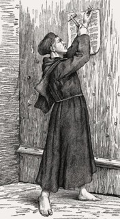 Martin Luther nailing his 95 theses on the door of the castle church of Wittenberg