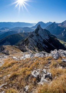 View at the summit of the Große Arnspitze, mountain panorama with Leutasch valley and
