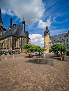 Church of St Jacob and town hall on the market square, Köthen, Saxony-Anhalt, Germany