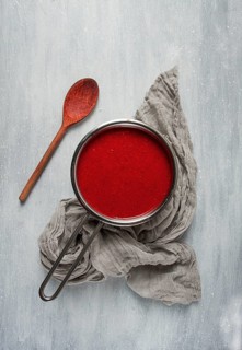 Tomato sauce with pepper and spices, Satsebeli, Georgian cuisine, red sauce, top view, homemade, no