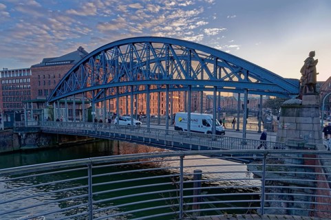 The Kornhausbrücke over the Zollkanal in front of Hamburg's Speicherstadt. Hamburg, Germany