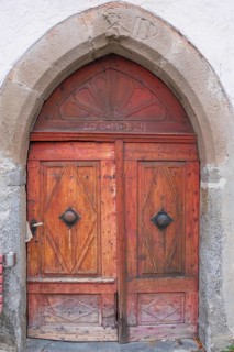 View of an old double wooden door, St. Lorenzen, Bolzano, Trentino, South Tyrol, Italy