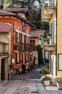Alley with colourful houses, Mergozzo, Lago di Mergozzo, Piedmont, Italy