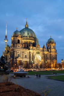 Berlin Cathedral, Lustgarten, behind the television tower, Blue Hour, Mitte, Berlin, Germany