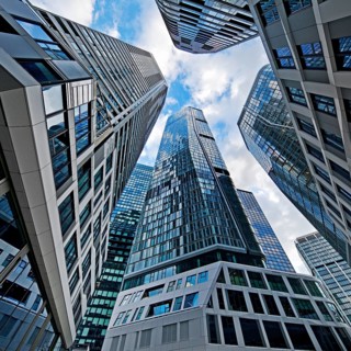Frog's-eye view of the skyscrapers in the banking district, Four Frankfurt, Frankfurt am Main,