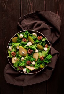 Keto Salad, pear with blue cheese and walnut, selective focus, no people, close-up