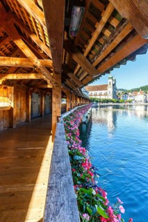 Chapel Bridge town on the river Reuss with bridge in Lucerne, Switzerland